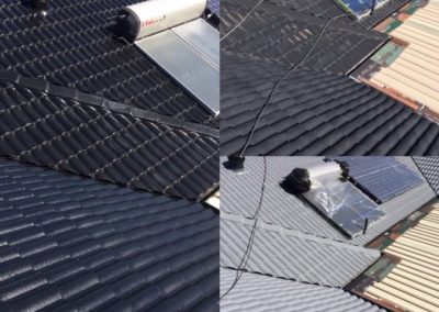 Before and after photos of roof restoration at Helensvale on the Gold Coast. Roofing colour ebonite.